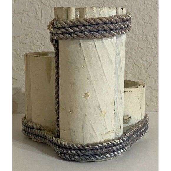 Nautical Triple Tea Light Wood Candle Holder Pier Seagull Sailboat Shell Ocean - Picture 3 of 6